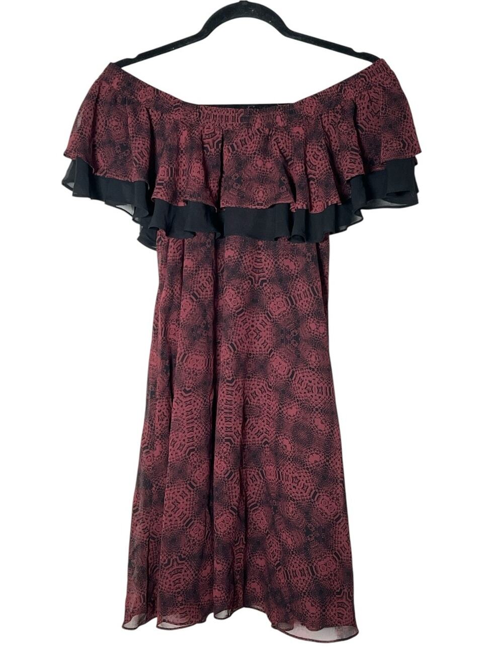 NWT Sam Edelman Off-Shoulder Burgundy and Black Ruffle Dress size 4 B139